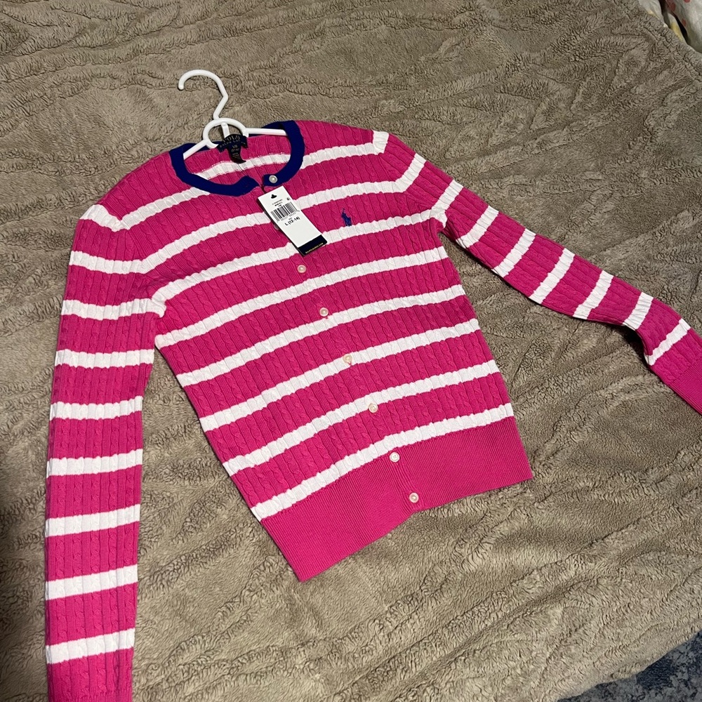 Ralph Lauren Pink and White Striped Cardigan Sweater